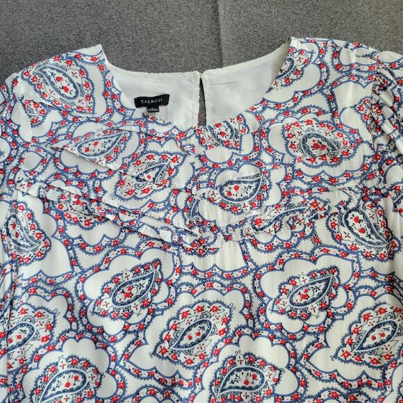Talbots L Red White Blue Paisley Print Ruffle Long Sleeve Blouse 1533 - Picture 3 of 10